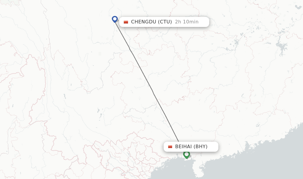 Flights from Beihai to Chengdu route map