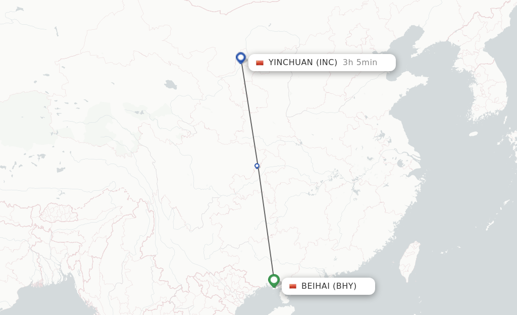 Flights from Beihai to Yinchuan route map