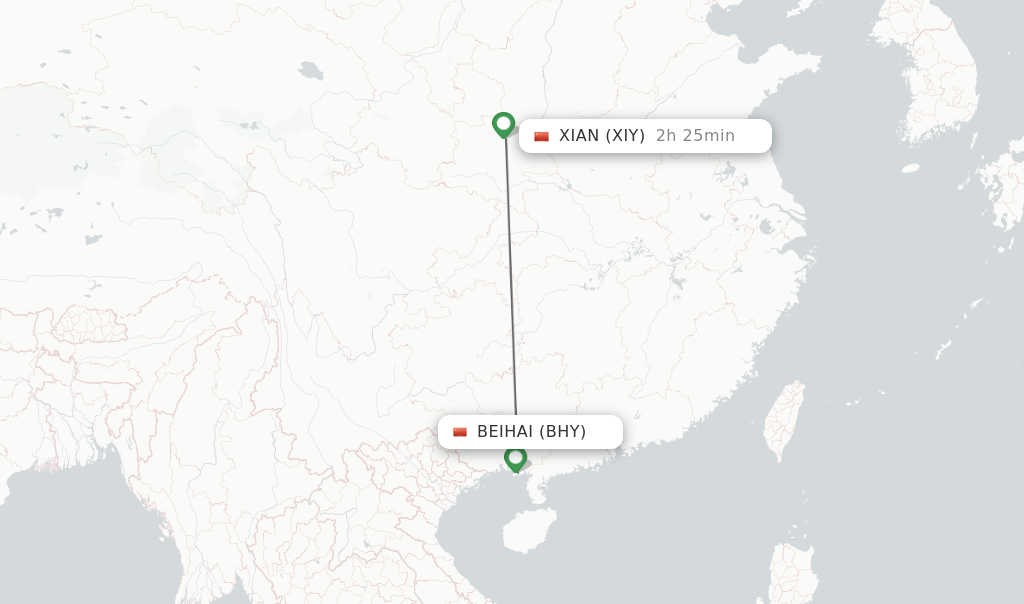 Flights from Beihai to Xian route map