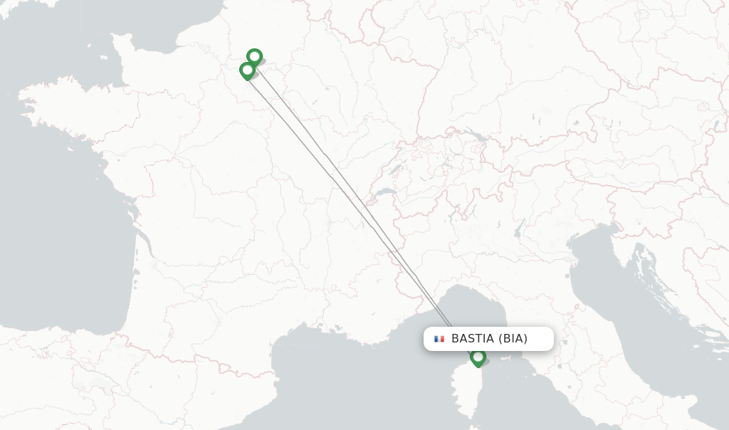 Route map with flights from Bastia with Air France