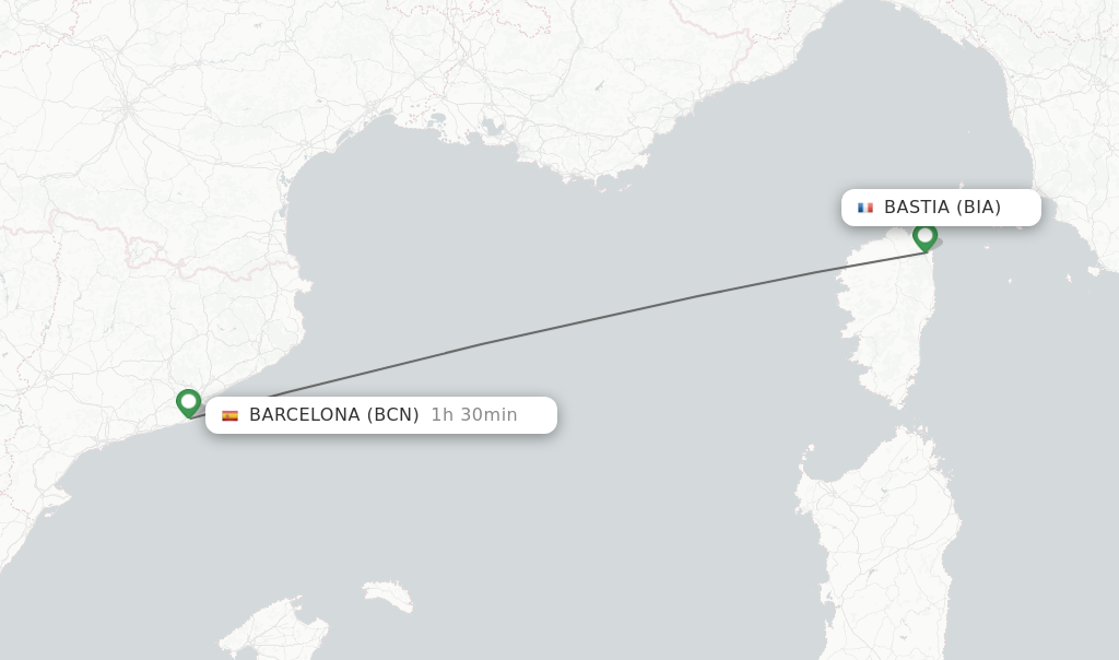 Flights from Barcelona to Bastia route map