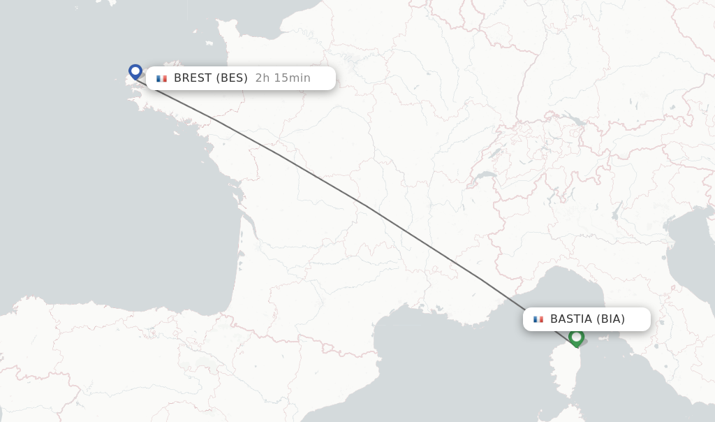 Flights from Bastia to Brest route map