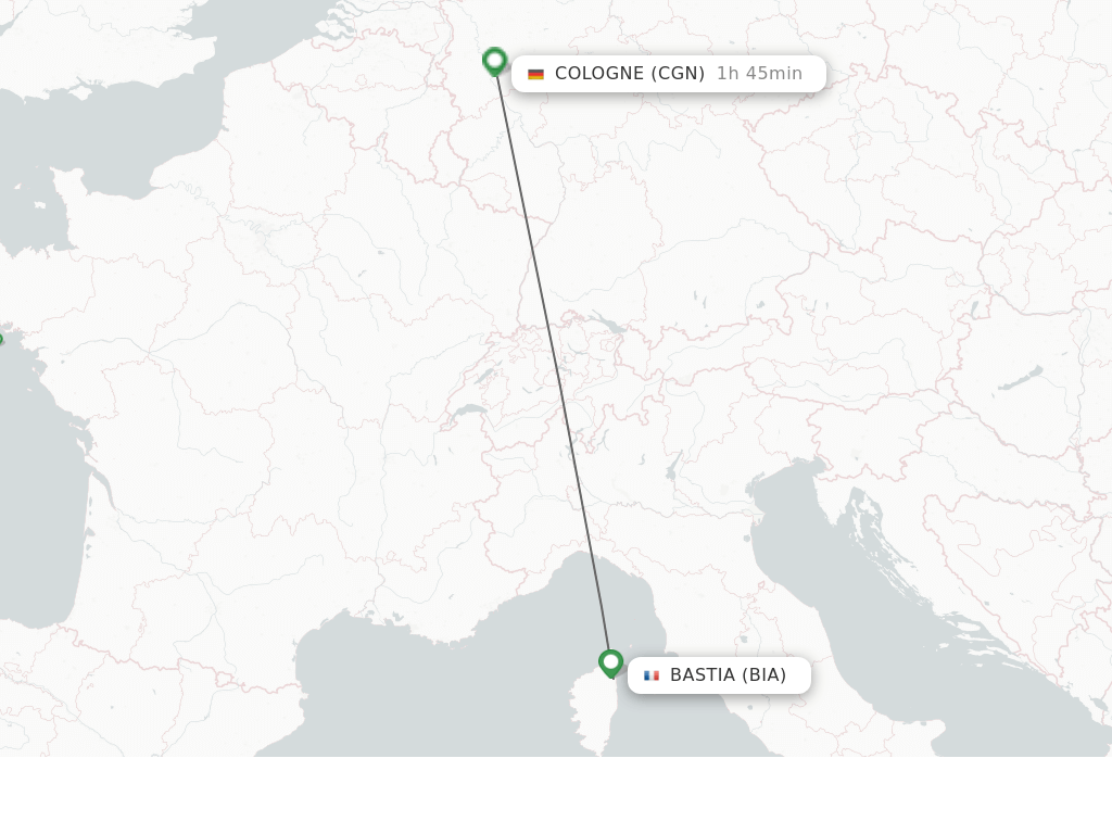 Flights from Bastia to Cologne route map