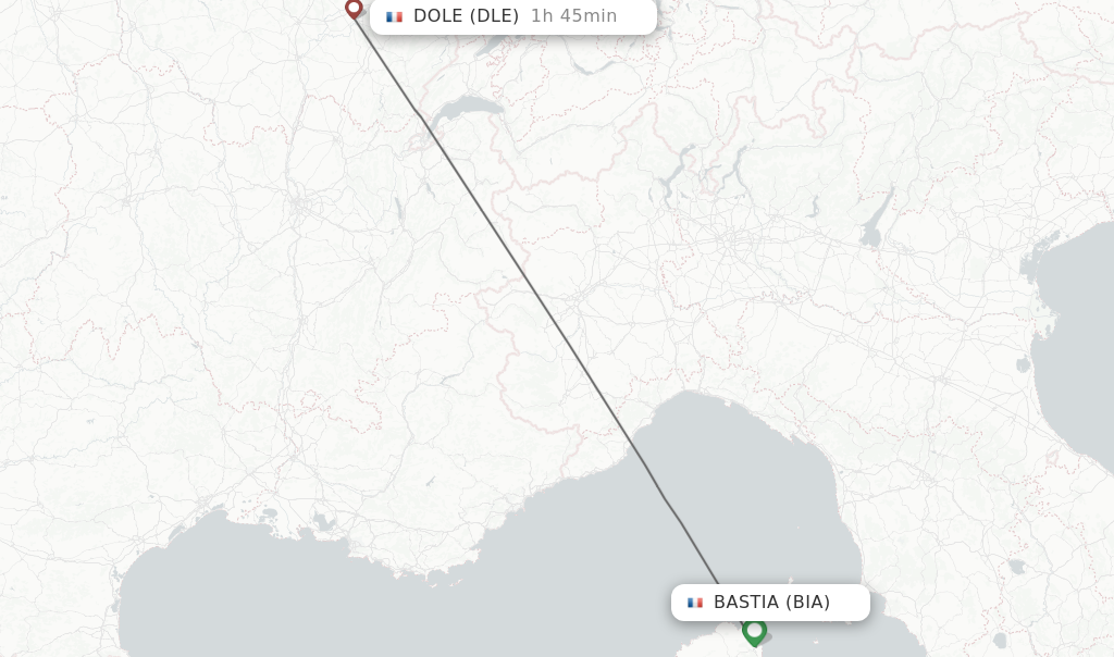 Flights from Bastia to Dole route map