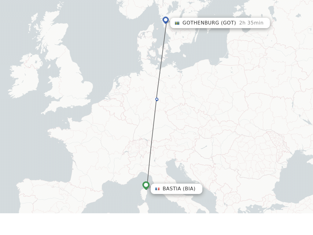 Flights from Bastia to Gothenburg route map