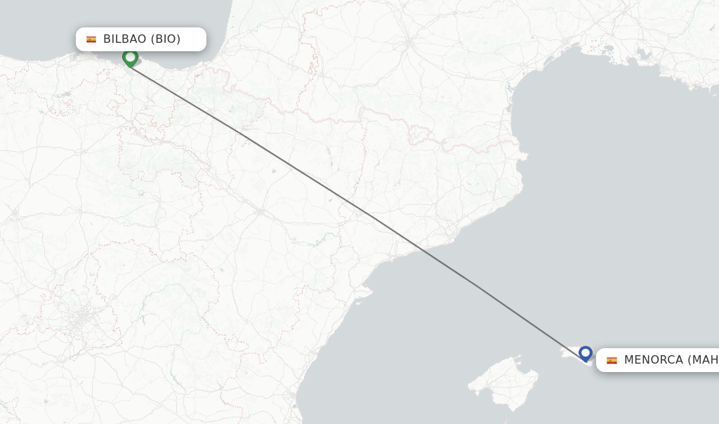 Flights from Bilbao to Menorca route map