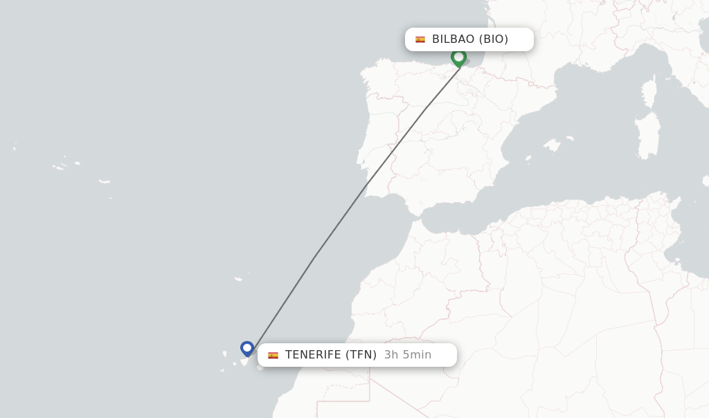 Flights from Bilbao to Tenerife route map