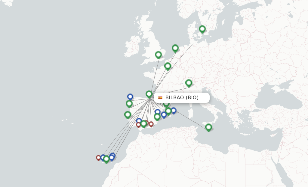 Route map with flights from Bilbao with Vueling