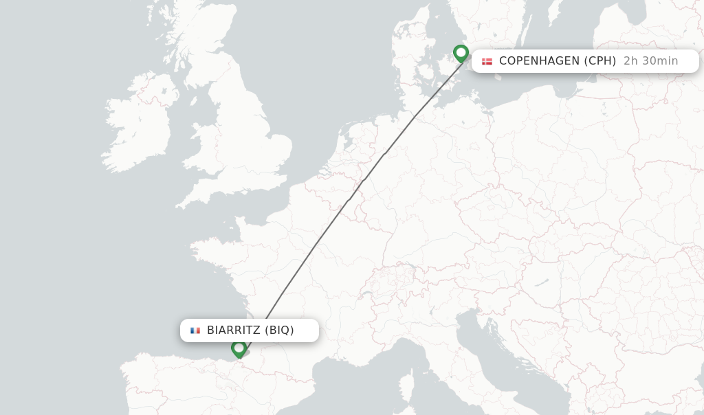Flights from Biarritz to Copenhagen route map