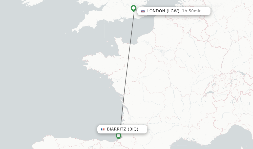 Flights from Biarritz to London route map