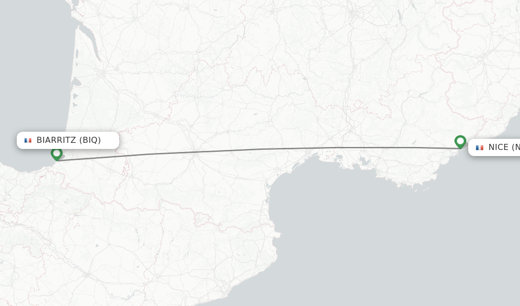 Flights from Biarritz to Nice route map