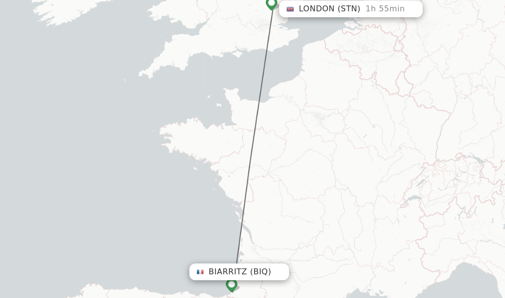 Flights from Biarritz to London route map