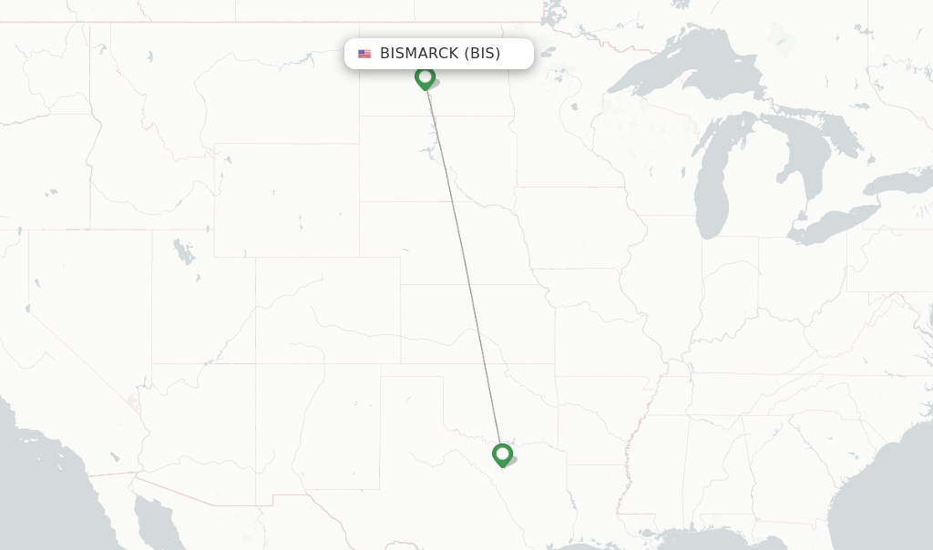 Route map with flights from Bismarck with American Airlines