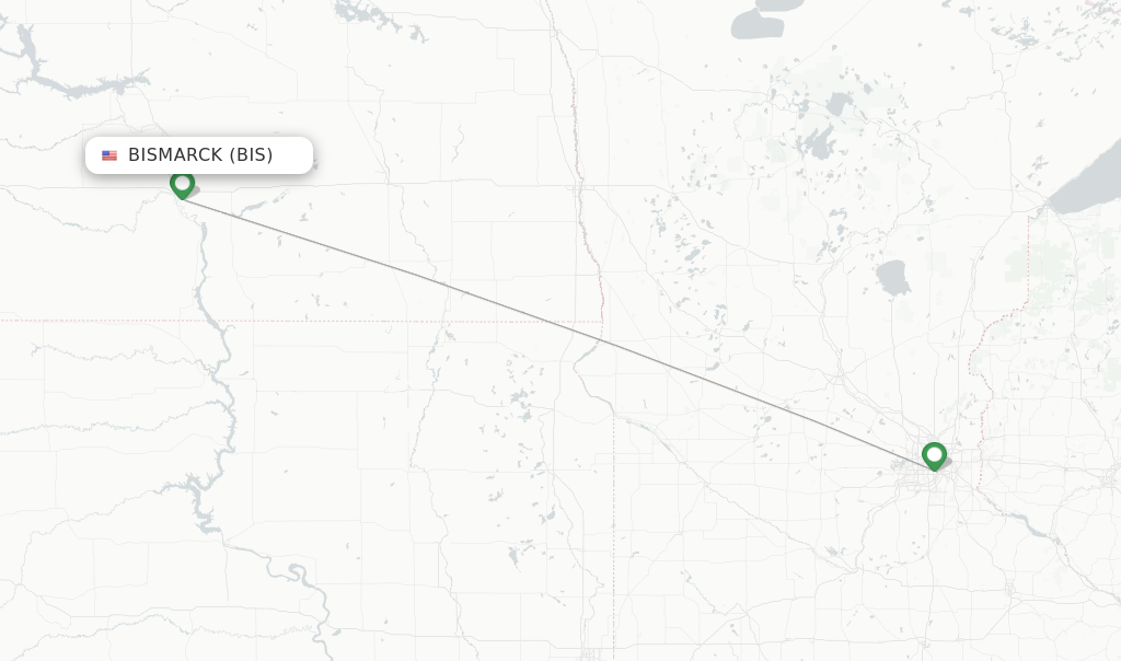 Route map with flights from Bismarck with Delta