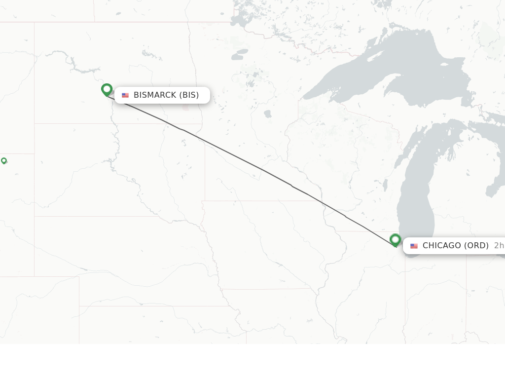 Flights from Chicago to Bismarck route map