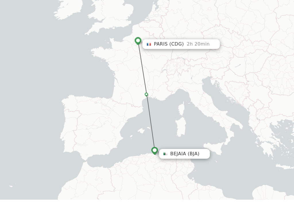 Flights from Bejaia to Paris route map