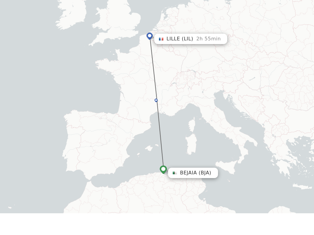 Flights from Bejaia to Lille route map