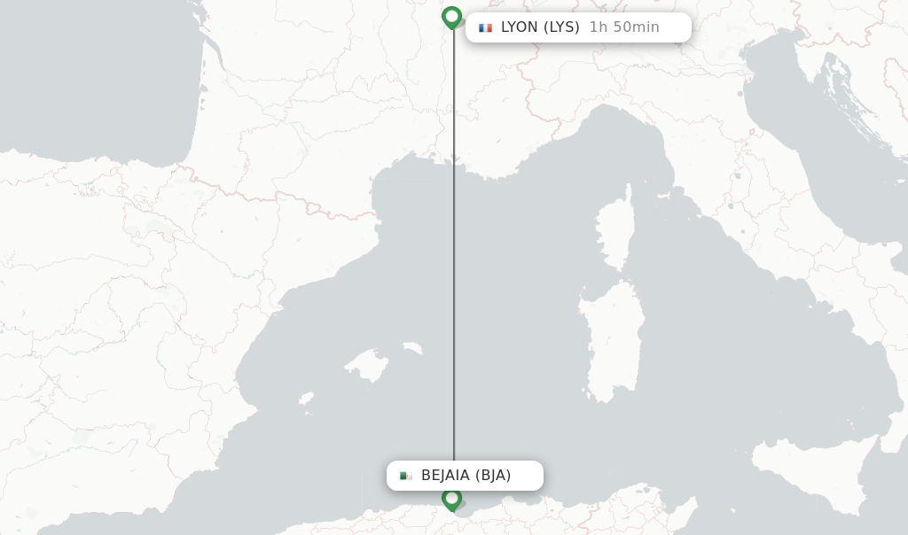 Flights from Bejaia to Lyon route map