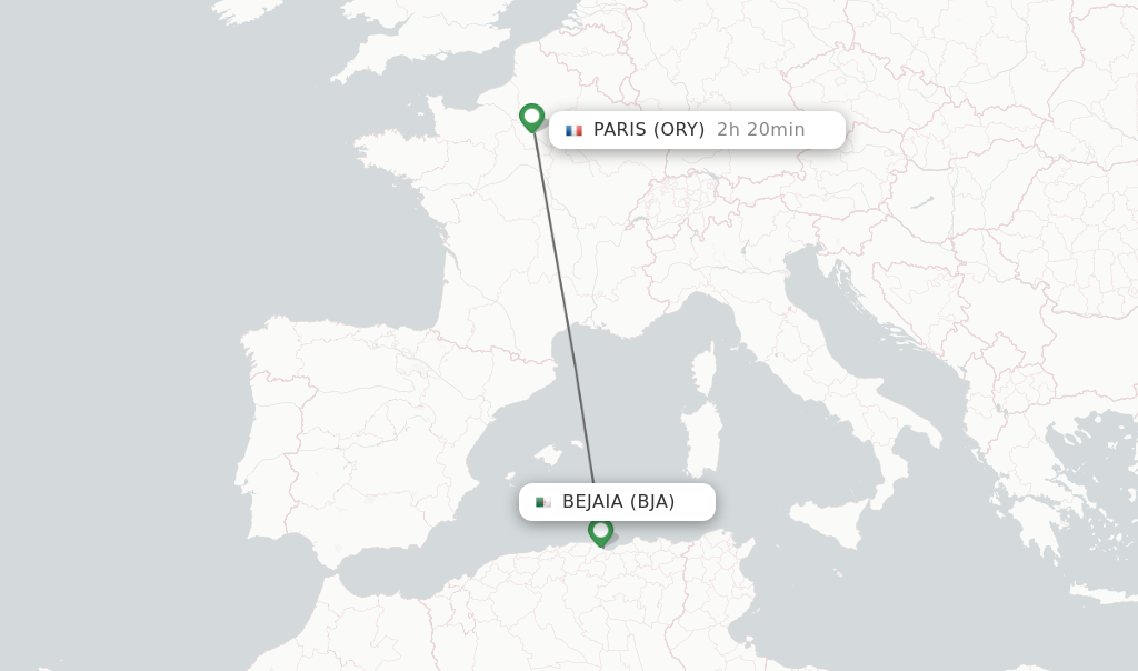 Flights from Bejaia to Paris route map