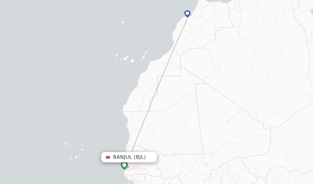 Route map with flights from Banjul with Royal Air Maroc