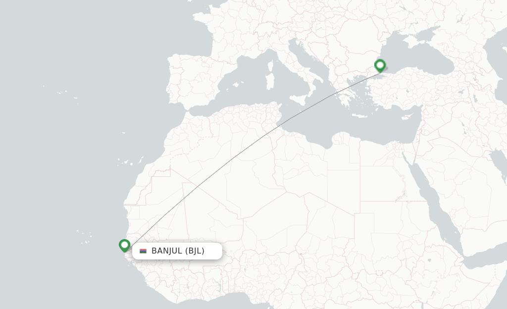 Route map with flights from Banjul with Turkish Airlines