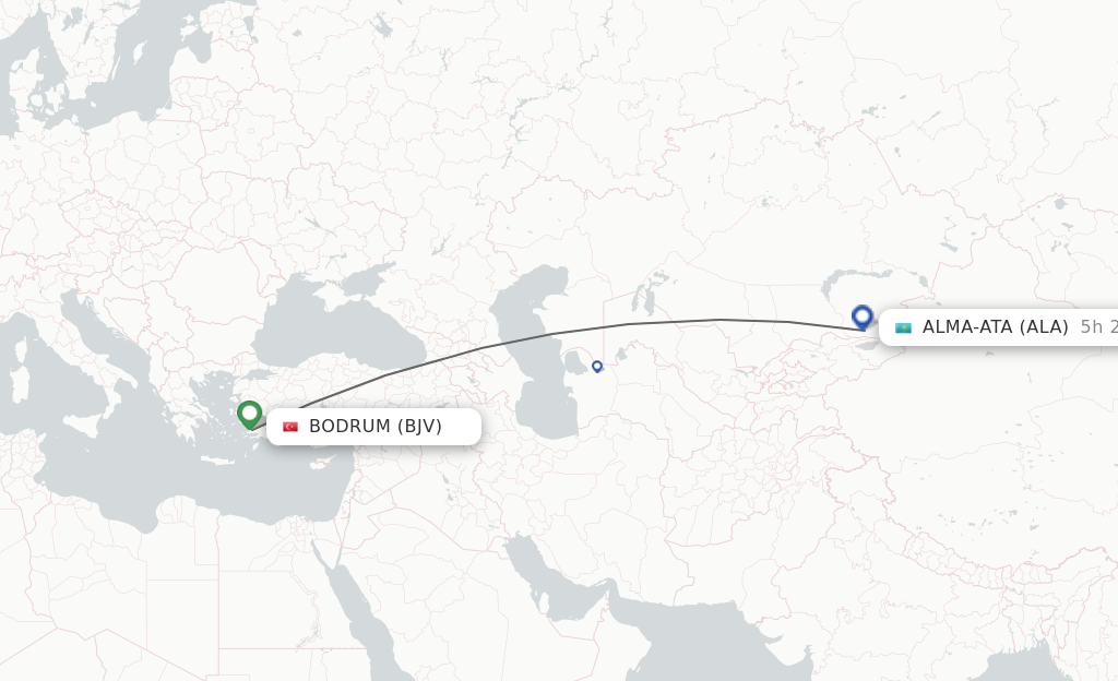 Flights from Bodrum to Almaty route map