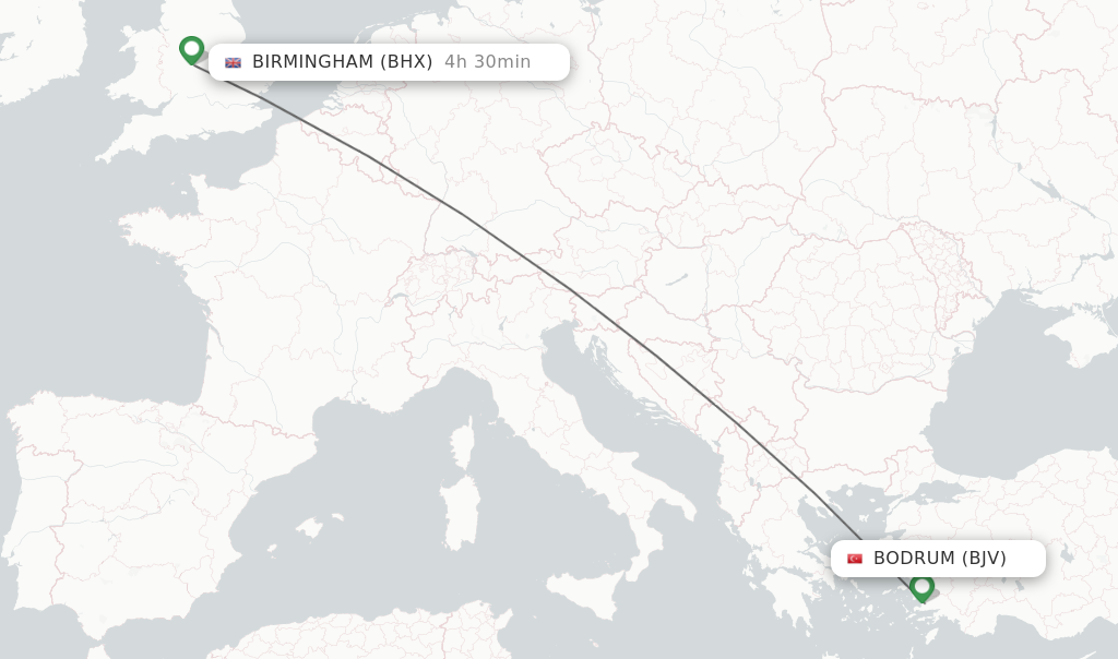 Flights from Bodrum to Birmingham route map