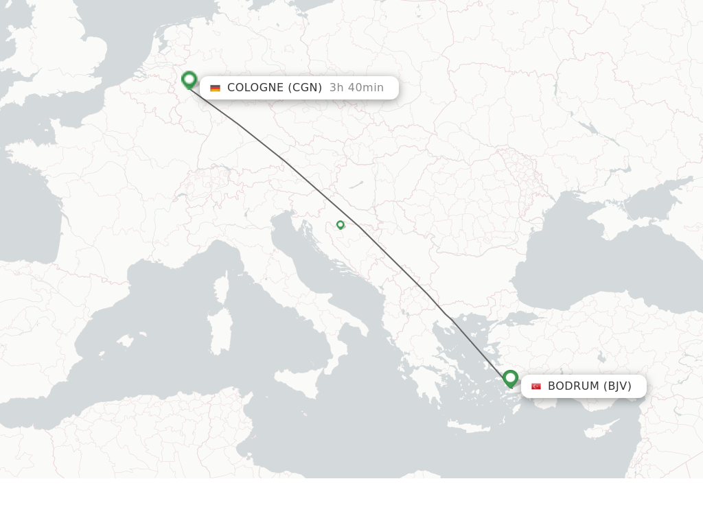 Flights from Bodrum to Cologne route map