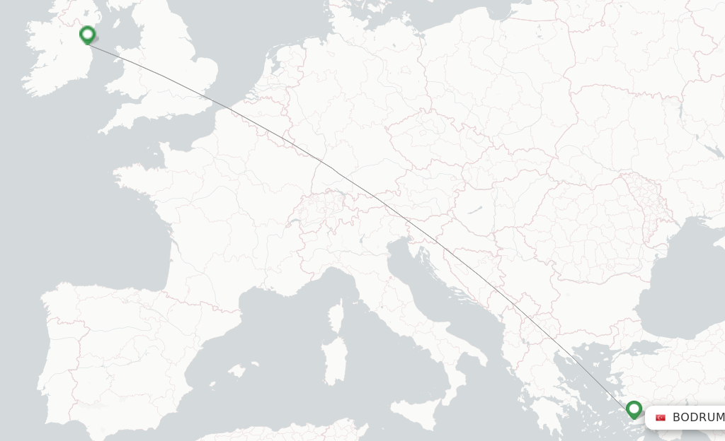 Route map with flights from Bodrum with Ryanair