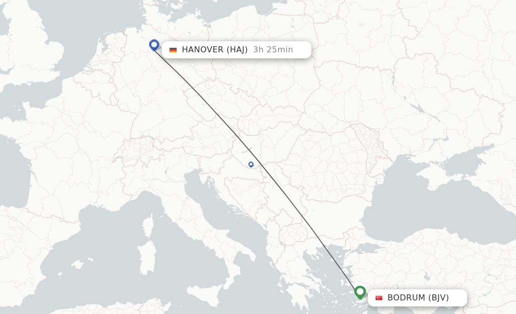 Flights from Bodrum to Hanover route map