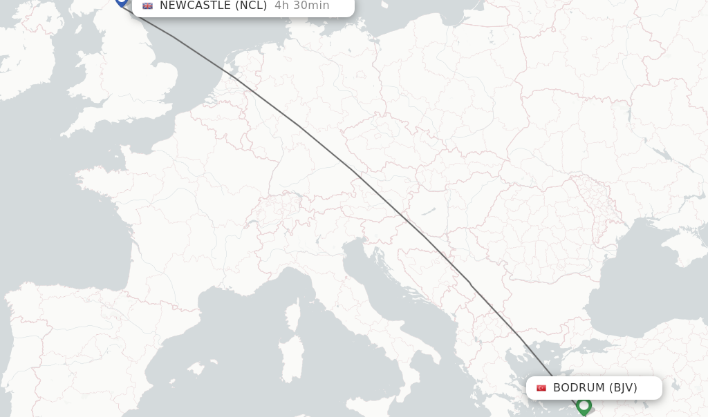 Flights from Bodrum to Newcastle route map