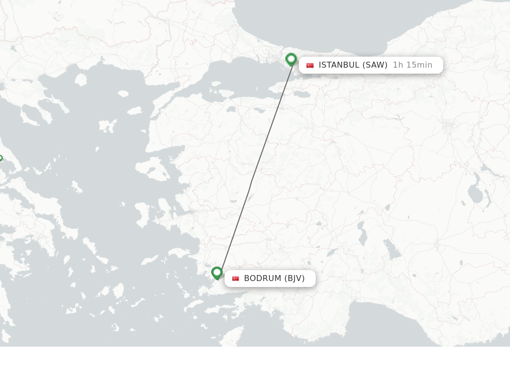 Flights from Istanbul to Bodrum route map