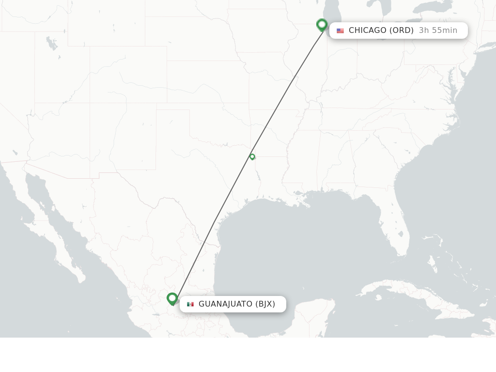 Flights from Leon/Guanajuato to Chicago route map