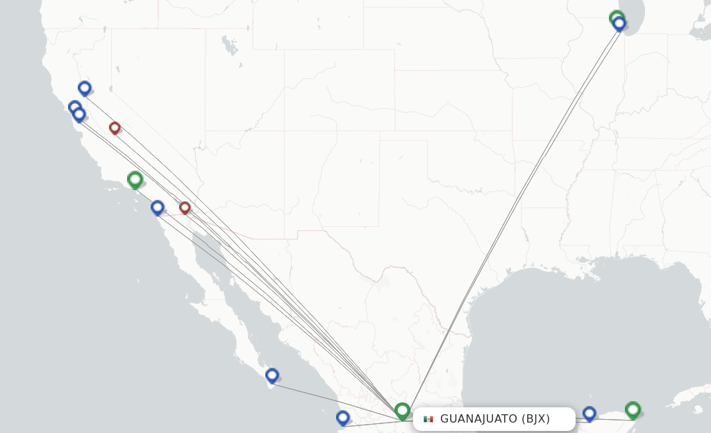 Route map with flights from Leon/Guanajuato with Volaris