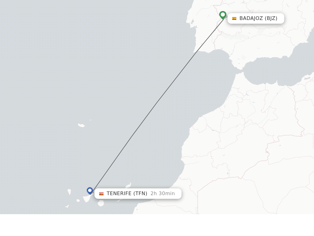 Flights from Tenerife to Badajoz route map