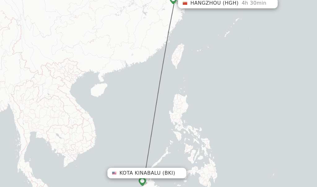 Flights from Kota Kinabalu to Hangzhou route map