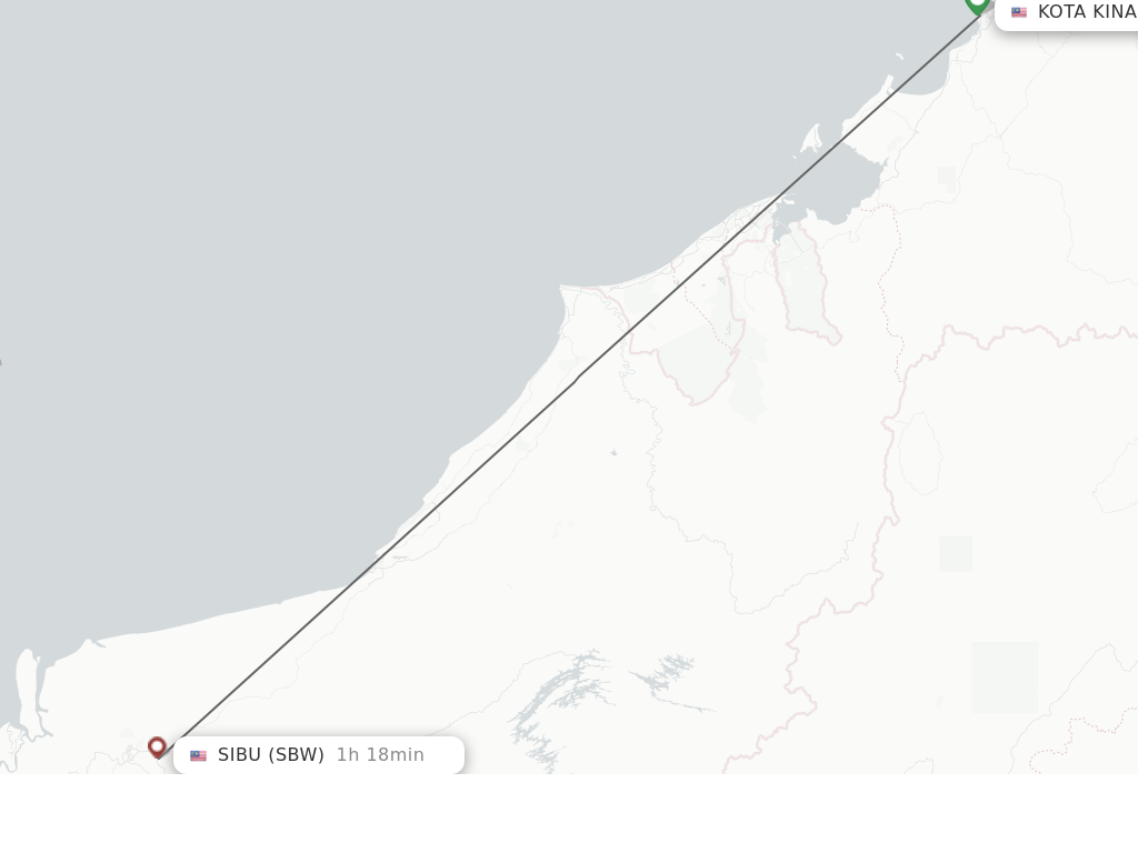 Flights from Kota Kinabalu to Sibu route map