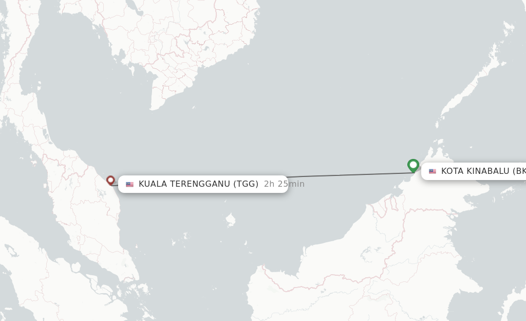 Flights from Kota Kinabalu to Kuala Terengganu route map