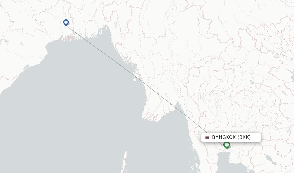 Route map with flights from Bangkok with Bhutan Airlines