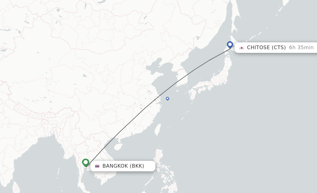 Flights from Bangkok to Chitose route map