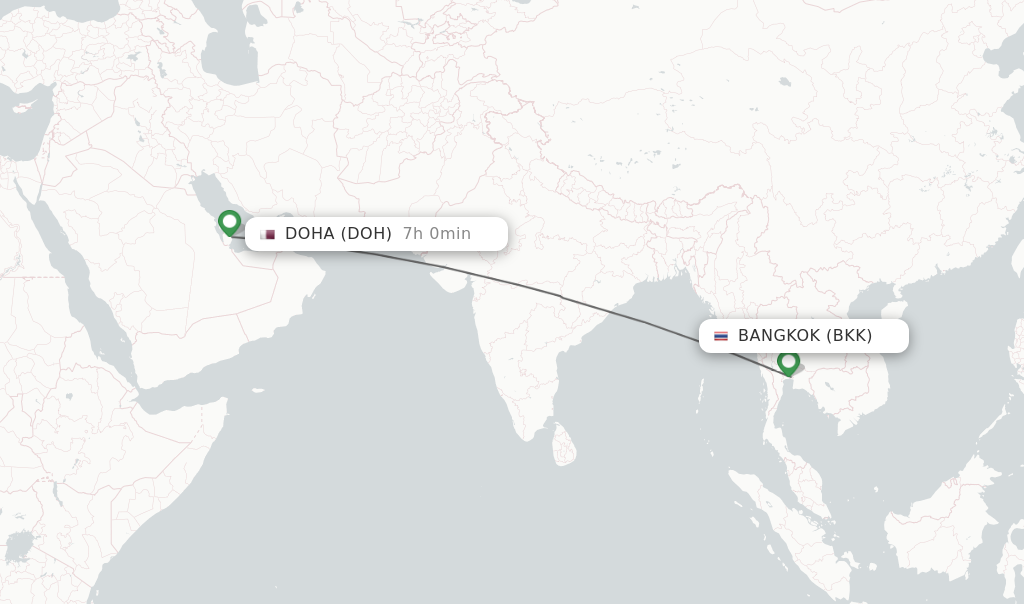 Flights from Bangkok to Doha route map