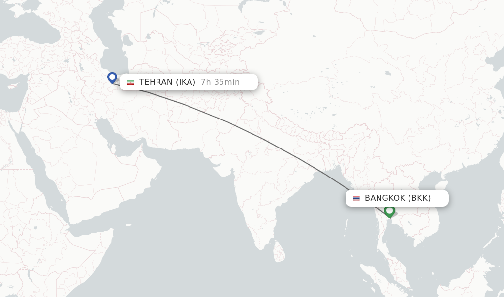 Flights from Bangkok to Tehran route map