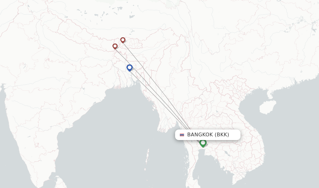 Route map with flights from Bangkok with Drukair