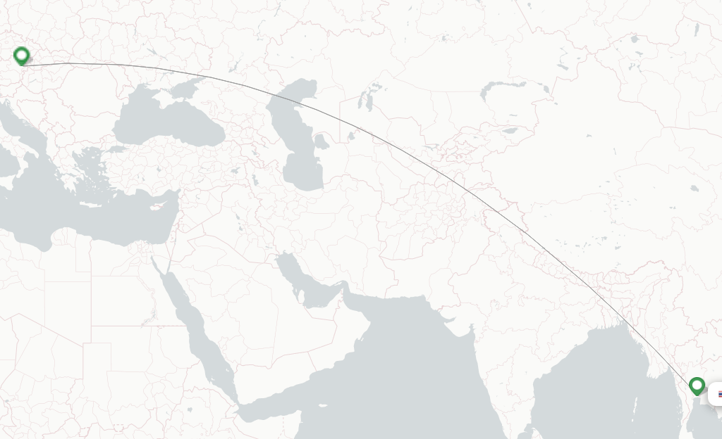 Route map with flights from Bangkok with Austrian
