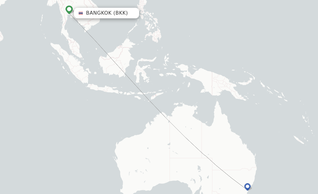 Route map with flights from Bangkok with Qantas