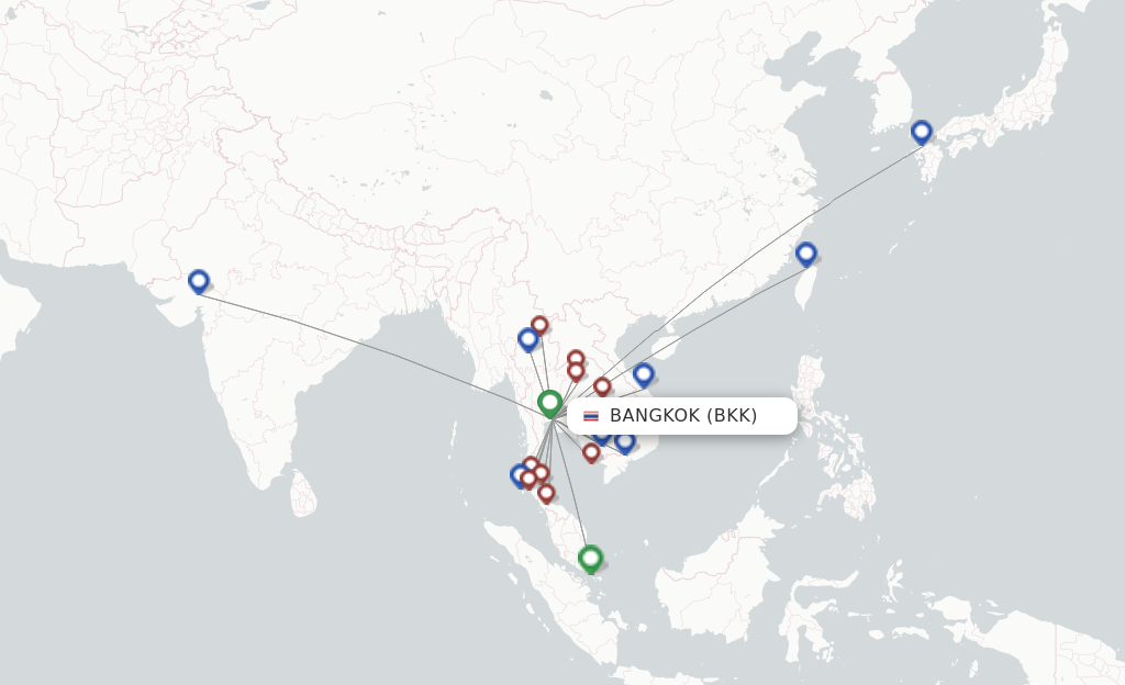 Route map with flights from Bangkok with Thai Vietjet Air