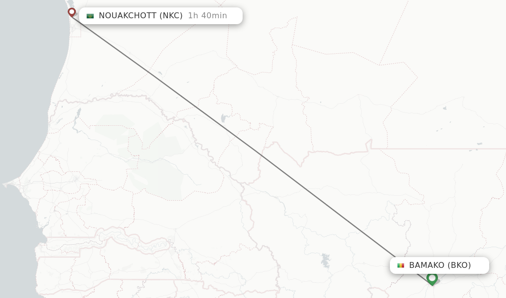 Flights from Bamako to Nouakchott route map