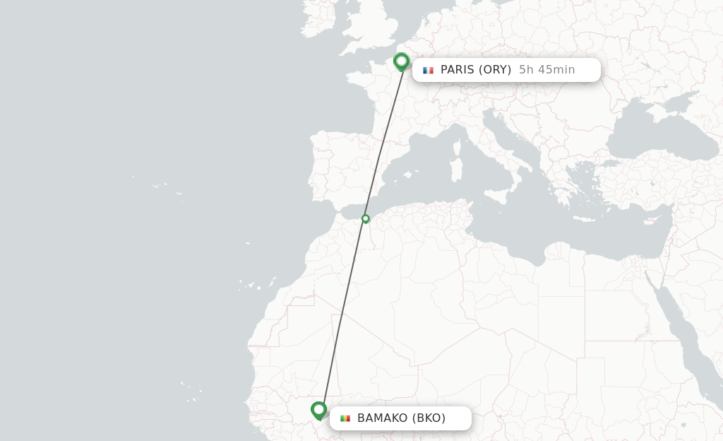 Flights from Bamako to Paris route map