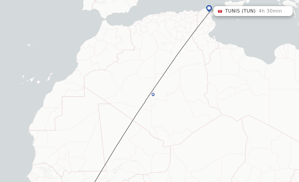 Flights from Bamako to Tunis route map