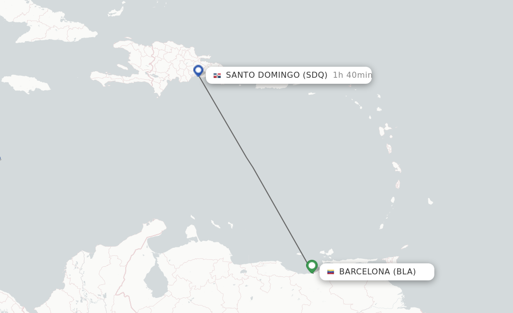 Flights from Barcelona to Santo Domingo route map